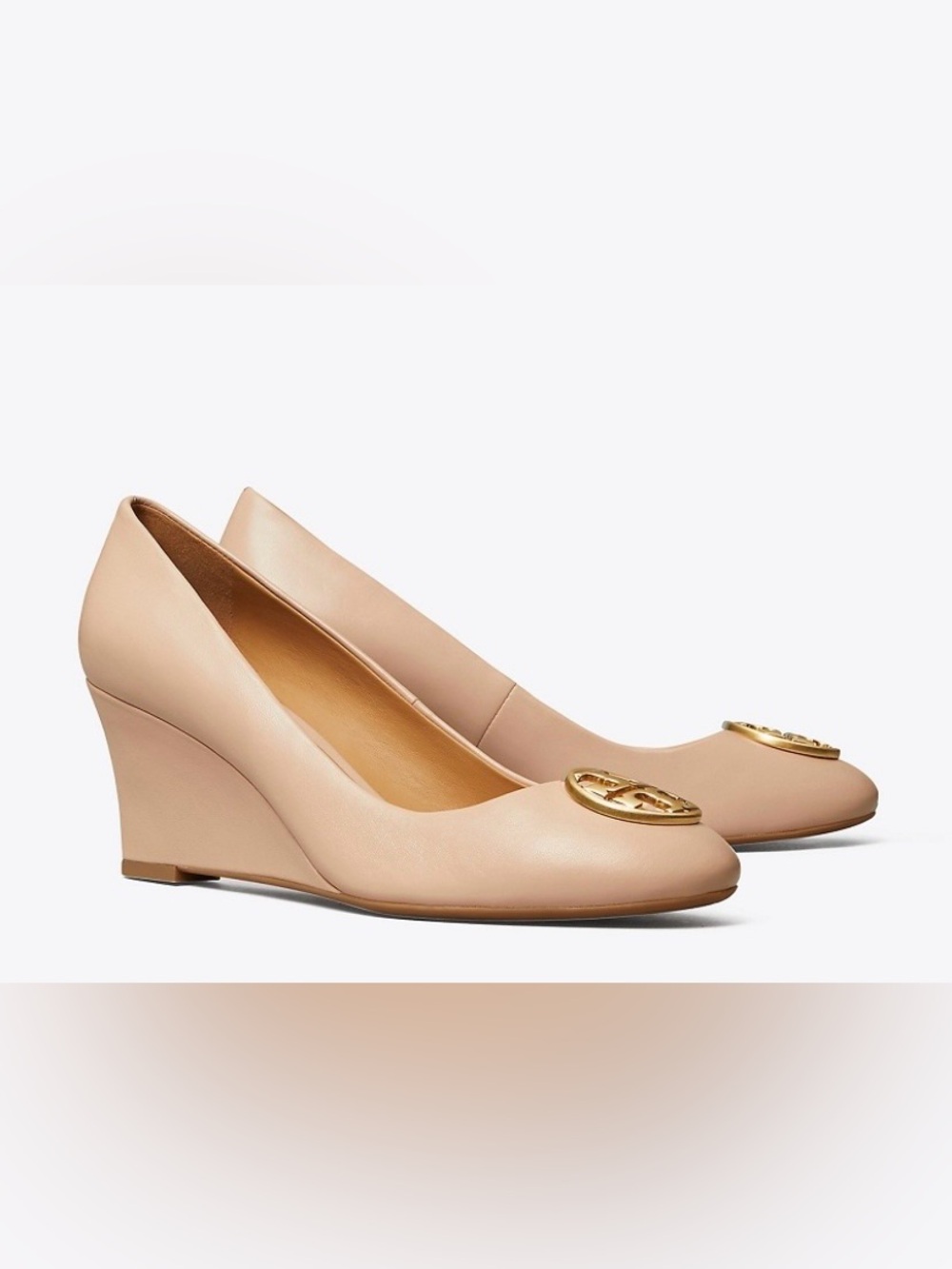 Tory Burch Blush Nude Leather Wedge Pumps with Gold Logo